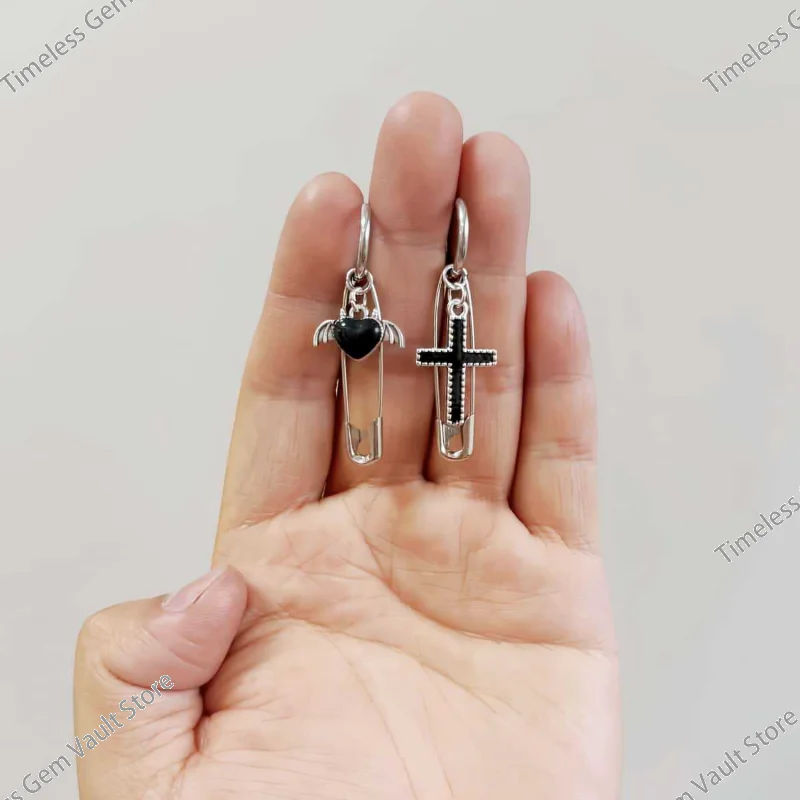 

2026 New Asymmetric Love Heart Cross Earrings Stainless Steel Spring Ear Studs Original Design Trendy Women Fashion Ear Jewelry
