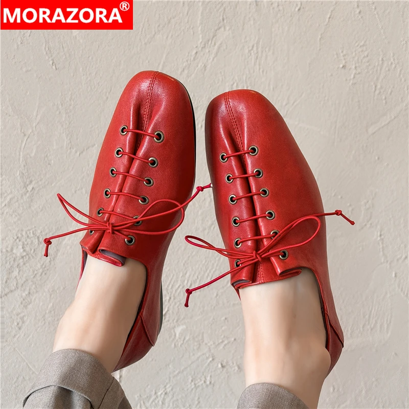 

MORAZORA, размеры 34-41, модные женские туфли на плоской подошве из натуральной кожи, на шнуровке, красные, черные, для вечеринок, размеры 34-41