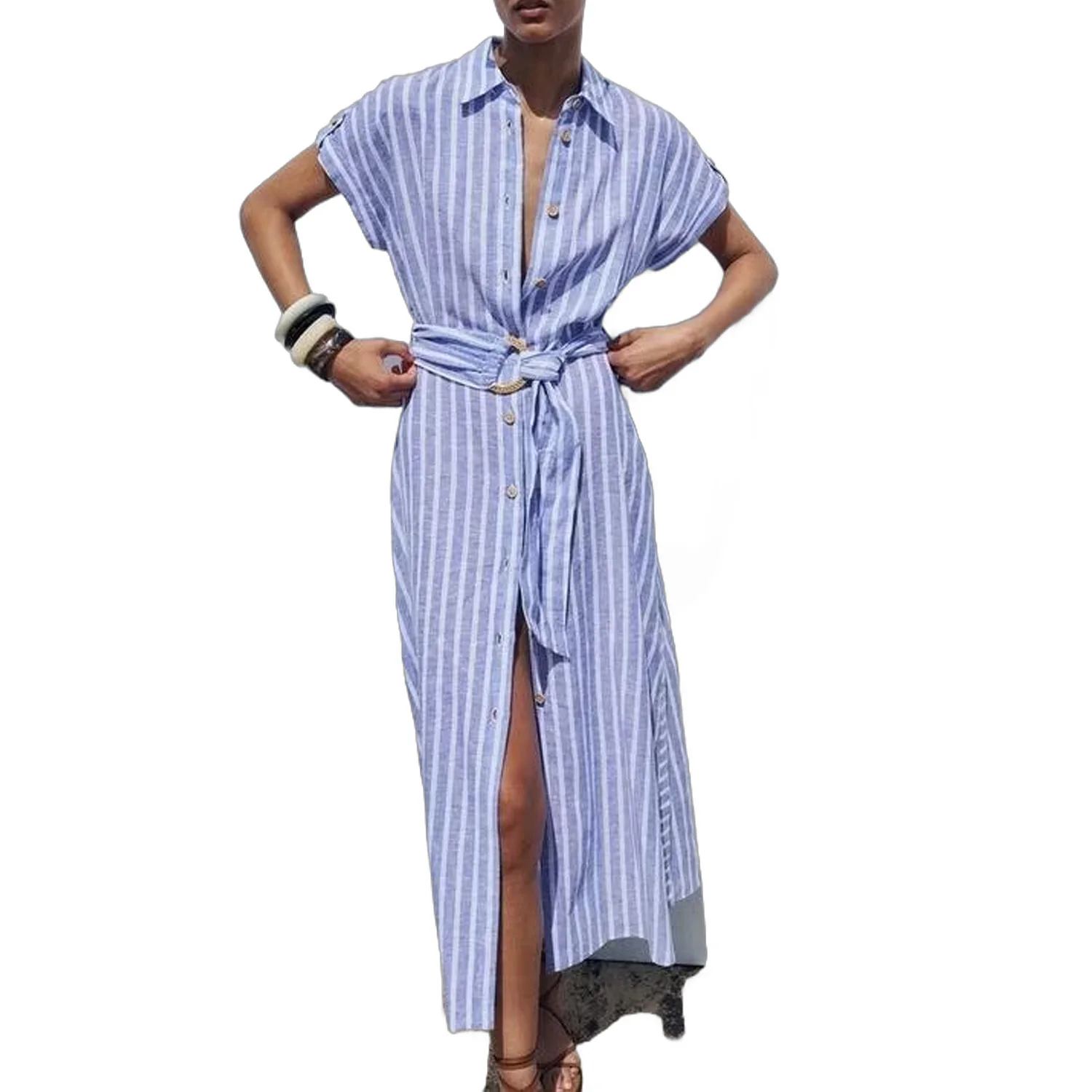 Women\'s Linen Blended Stripe Dress with Belt Commuting Style Midi Long Dress Card Shoulder New