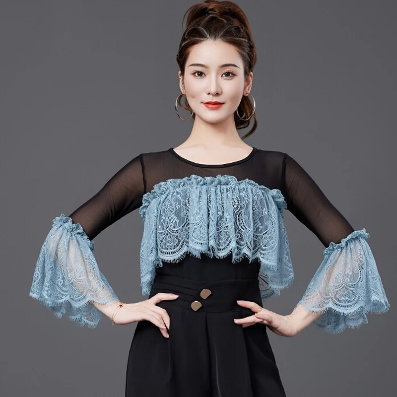 

Lace Mesh Half Sleeve Jumpsuit Latin Dance Top Women's National Standard Dance Chacha Rumba Tango Modern Dance Costumes DQL10907