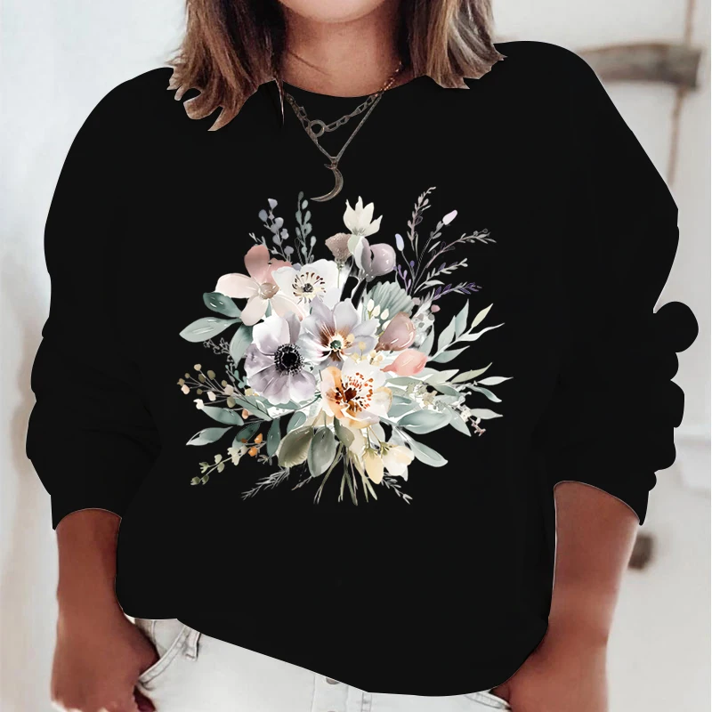 Casual Vintage Dames Sweatshirts Aquarel Bloemenprint Hoodie Losse Ronde Hals Pullover Met Lange Mouwen Boho Wilde Bloem Hoodies