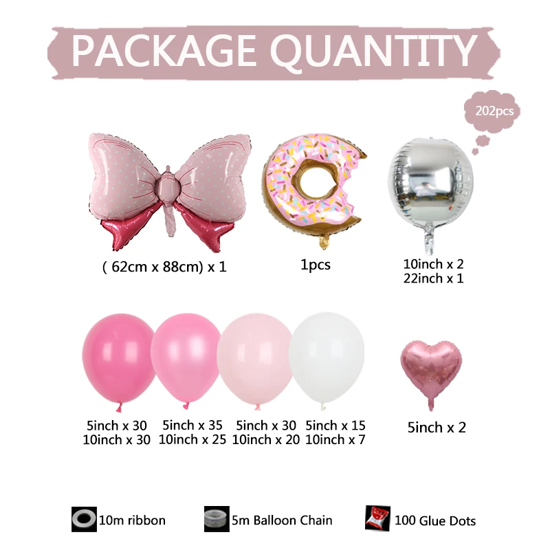 202pcs Pink Princess Themed Balloon Bow Donut Love Heart Foil Balloon Red Pink White Latex Balloon Girl Birthday Party Decor