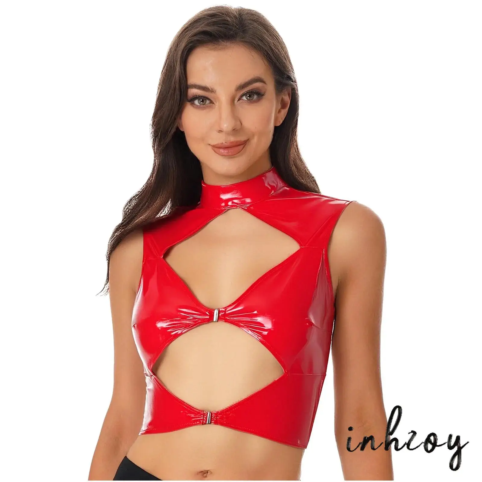 

Womens Glossy PU Crop Tank Top Front Rhombic Hollow-out Sleeveless Back Zipper Slim Vest Crop Top for Nightclub Raves Party