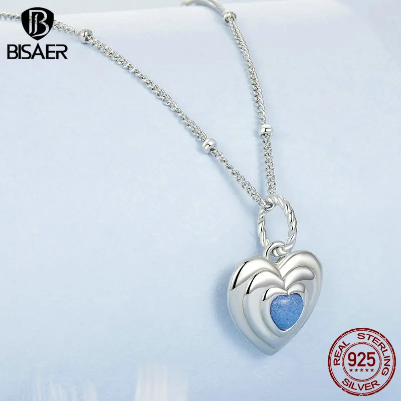 BISAER 100% 925 Sterling Silver Blue Luminous Heart Pendant Necklace Plated White Gold Fine Jewelry for Women Party EFN375