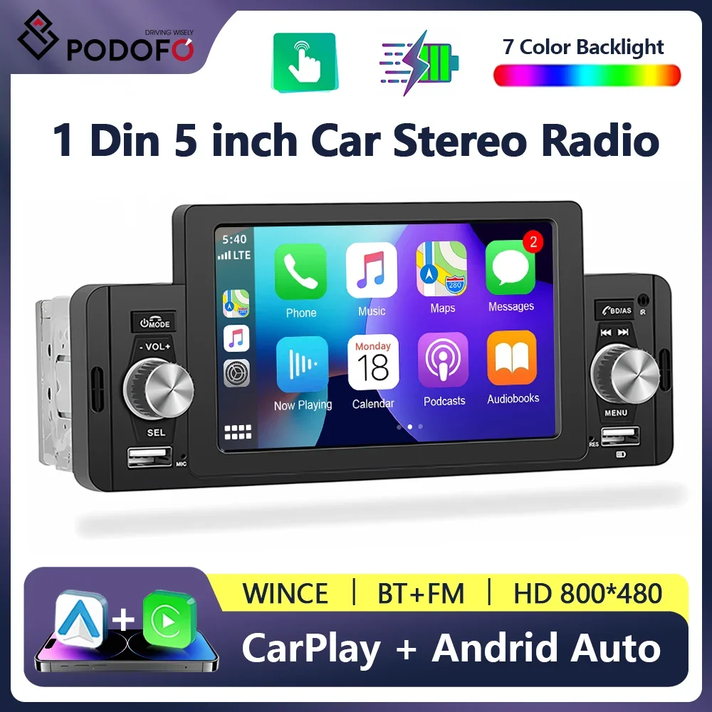 Podofo Car Radio CarPlay&Android-Auto BT Handsfree Mirror Link MP5 Player USB Audio System Head Unit 1 Din 5