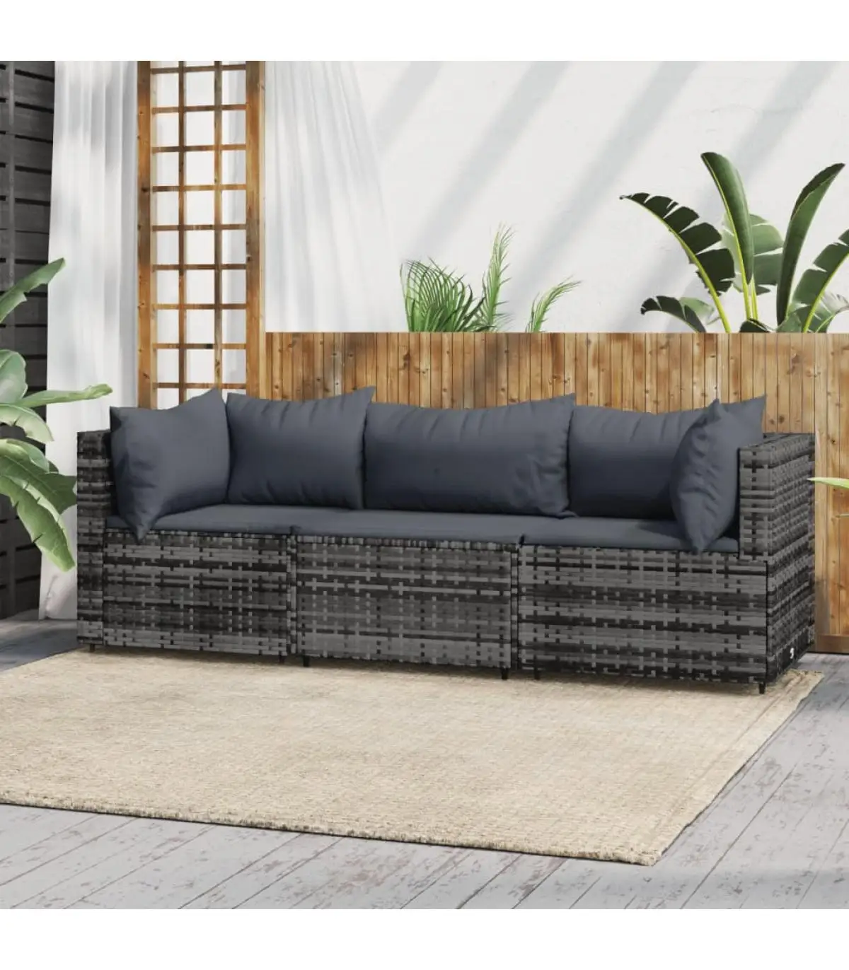 Outdoor sofas 3 PCs garden furniture Set and gray synthetic rattan cushions