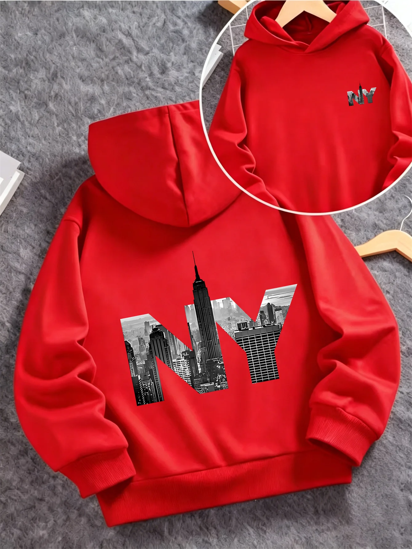 Sudadera con capucha para niños, con estampado de arquitectura de la ciudad de Nueva York, ideal para otoño/invierno. Camiseta de estilo retro americano con estampado moderno, para niños y niñas.