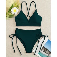 Solid Bikini Set Swimsuit Women V Neck Backless Lace Up High Cut Thong Split Bathing Suit 2025 New Beach Swimwear 2 Piece Sets - Image 2