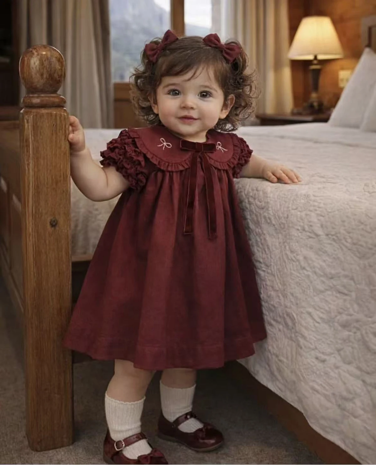 Summer Girl Bow Embroidered Pleated Bubble Sleeve Red Dress for Casual Party Birthday Wedding Photography Christmas