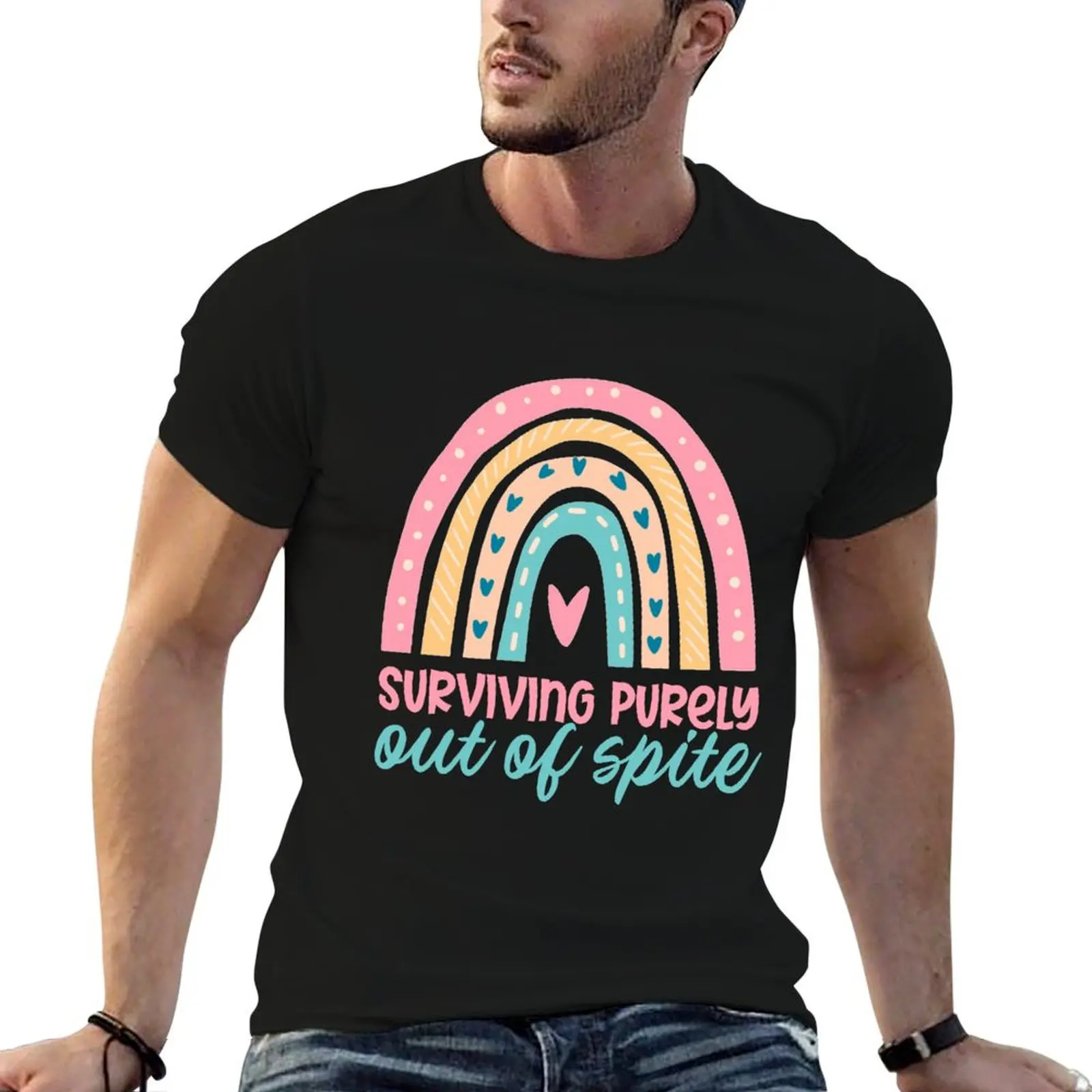 Surviving Purely Out Of Spite Funny Rainbow Sarcastic T-Shirt Comfortable Workout Short Sleeve Shirt