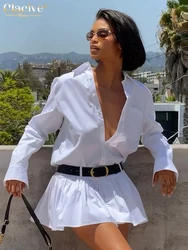 Clacive Fashion Loose White Cotton Women's Dress 2025 Casual Lapel Long Sleeve Mini Dresses Elegant Classic Solid Female Dress