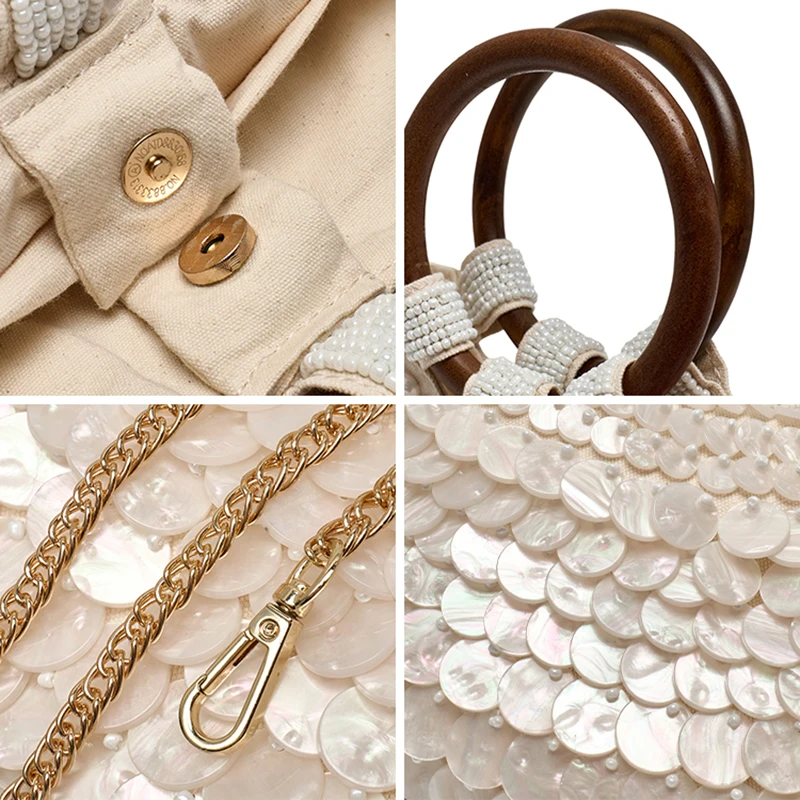Shell Purse For Women Shoulder Bag Handmade Seashell Beaded Clutch Wooden Top Handle Bag Beach Evening Handbag for Summer