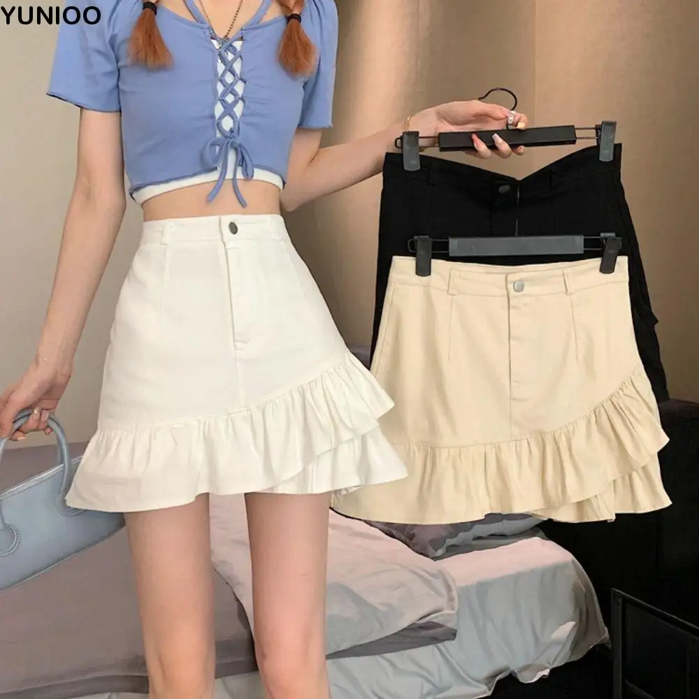 

Короткая мини-юбка с нерегулярными рюшами, джинсовая многоярусная юбка трапециевидной формы с высокой талией в корейском стиле и защитные брюки, плиссированные мини-юбки для женщин