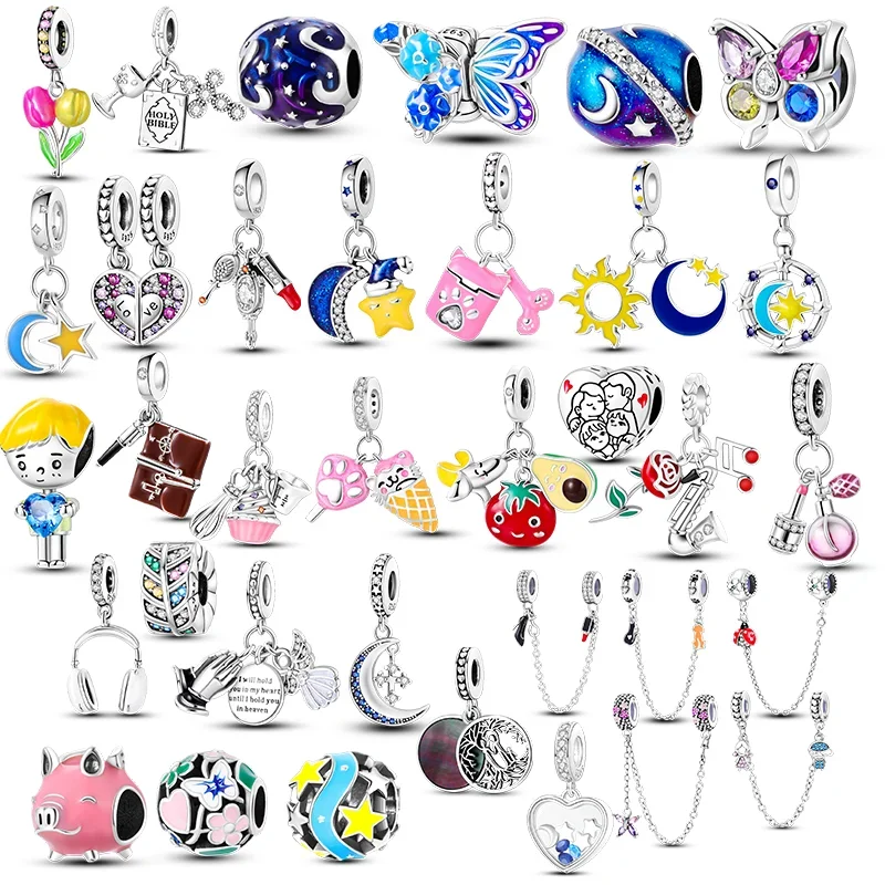 

Colorful Butterfly Moon Pink Piggy Bank Amulet Fit Original 925 Pandora Bracelet Sterling Silver Amulet Bead Female Jewelry