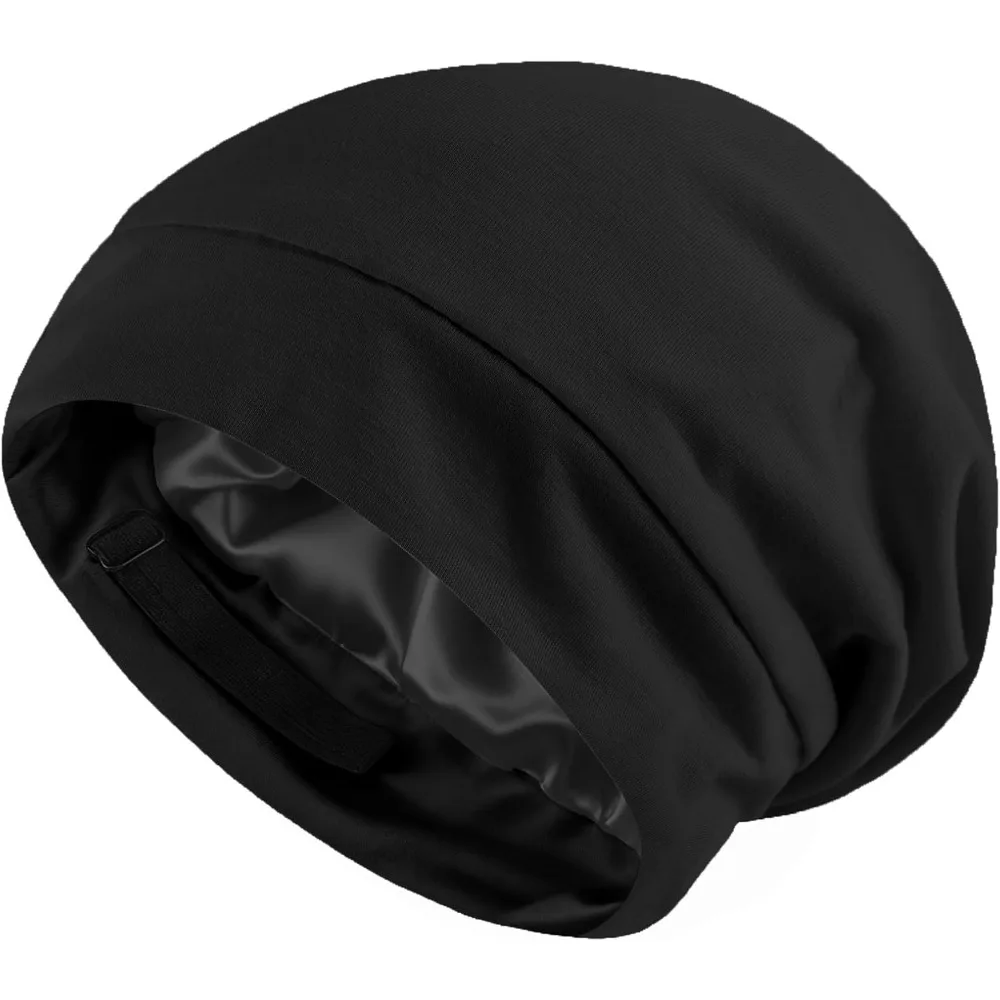 Satin Lined Beanie Sleep Cap Stretchy Silk Bonnet Double Layer Hair Protection Winter Skull Hat for Women Men