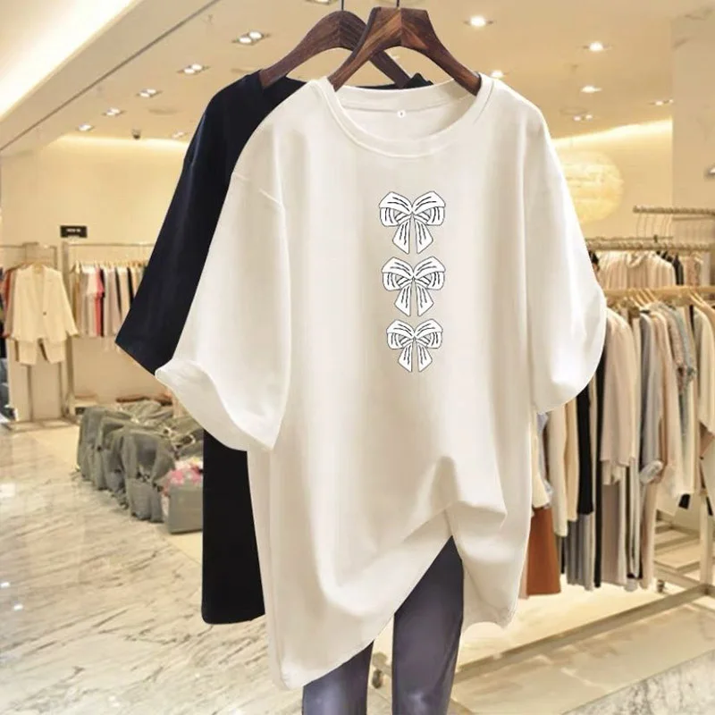 Summer Casual Chic Bow Printed T-shirt Women Basic Short Pure Cotton Top O-neck Short Sleeve Y2k Loose Pullover Tees