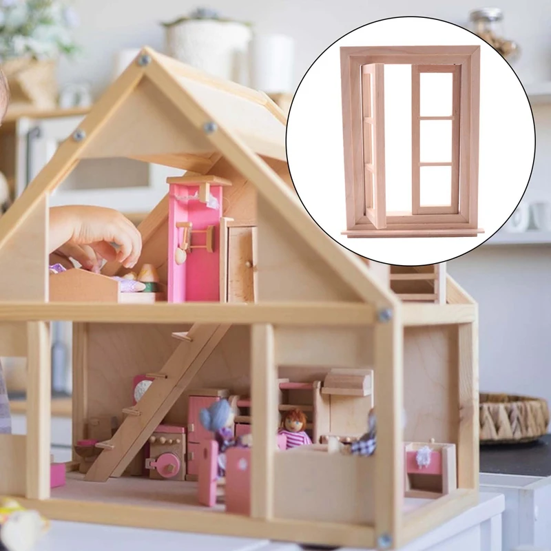 FBIL-1:12 Dollhouse Miniature Double Window Wooden 6 Pane Frame And Glass Plate Doll House Diy Double Window Accessories For Dol