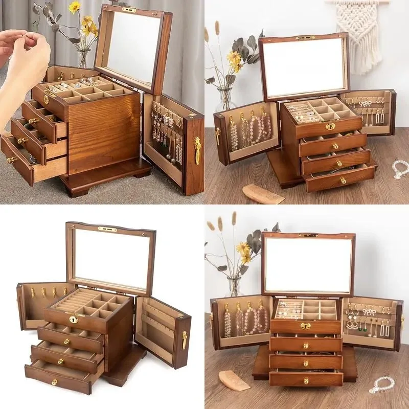 Handmade High End Solid Wood Rectangular Retro Classic Embossed Storage Jewelry Box for Earrings Necklace Ring with Lock