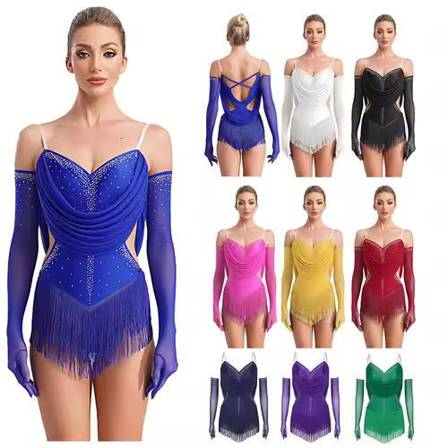 Womens Tassel Latin Dance Leotard Dress Rhinestone Fringed Bodysuit+Gloves Outfits for Tango Cha-Cha Salsa Skating Performance - Image 6