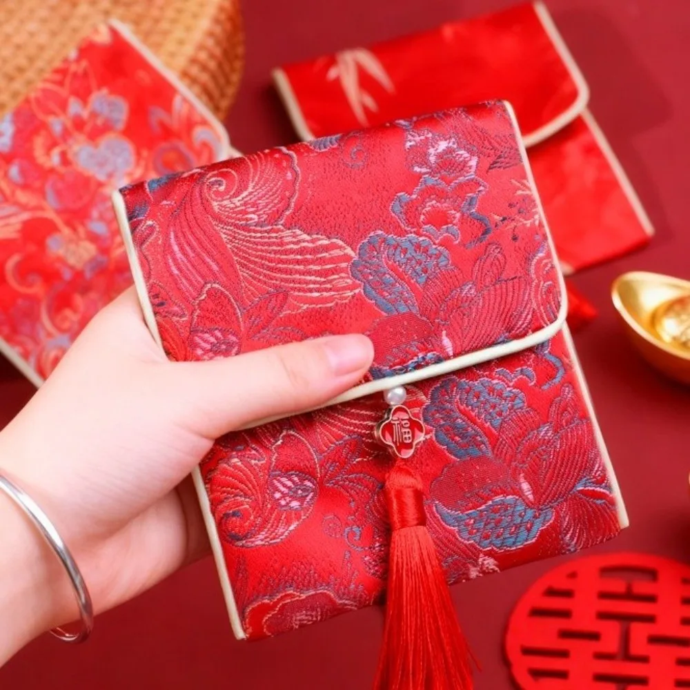 

New Year Blessing Words Brocade Red Envelope Tassel Spring Festival Money Pocket HongBao Flowers New Year Money Bag