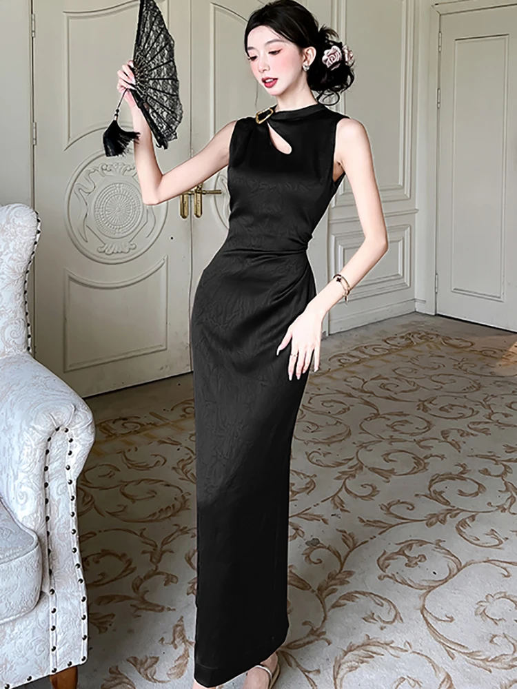 Summer Purple Jacquard Satin Chic Hollow Out Diamonds Dress Women Elegant Luxury Evening Dress 2025 Korean Vintage Party Dresses