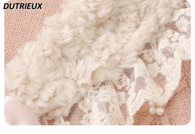 Autumn Winter New Sweet Girl Pastoral Plush Collar Knitted Cloak Women Cute Bow Lolita Soft Girls Shawl Sweater Cardigan Jacket