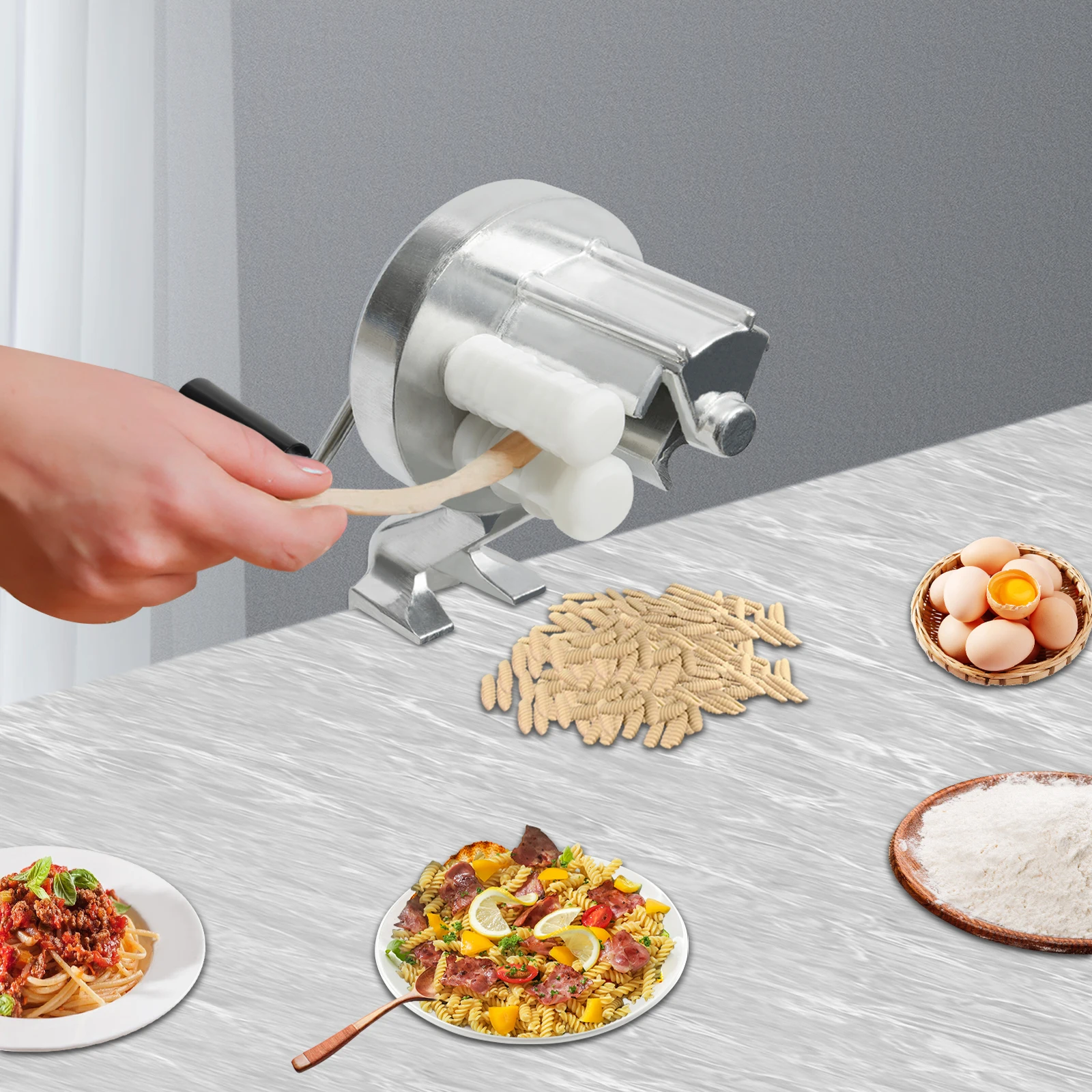 ماكينة صنع المعكرونة المصنوعة من سبائك الألومنيوم مع قاعدة مشبك أداة مطبخ صغيرة فضية يمكنك صنعها بنفسك لـ Macaroni Spaghetti #4