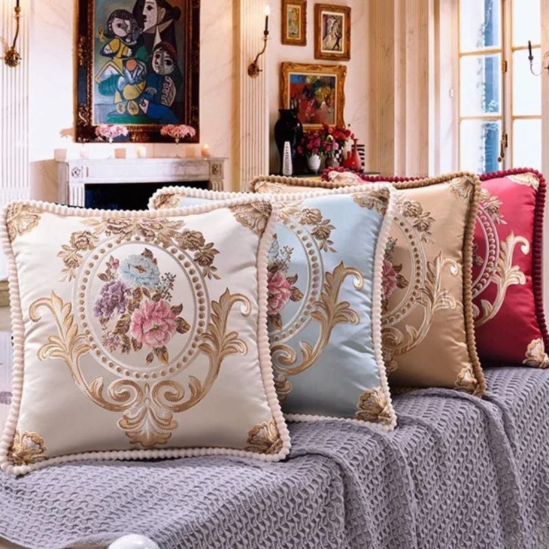 European Vintage Style Jacquard Throw Pillow Cover 48x48cm Floral Embossed Decorative Cushion Cover with Ruffle Edge