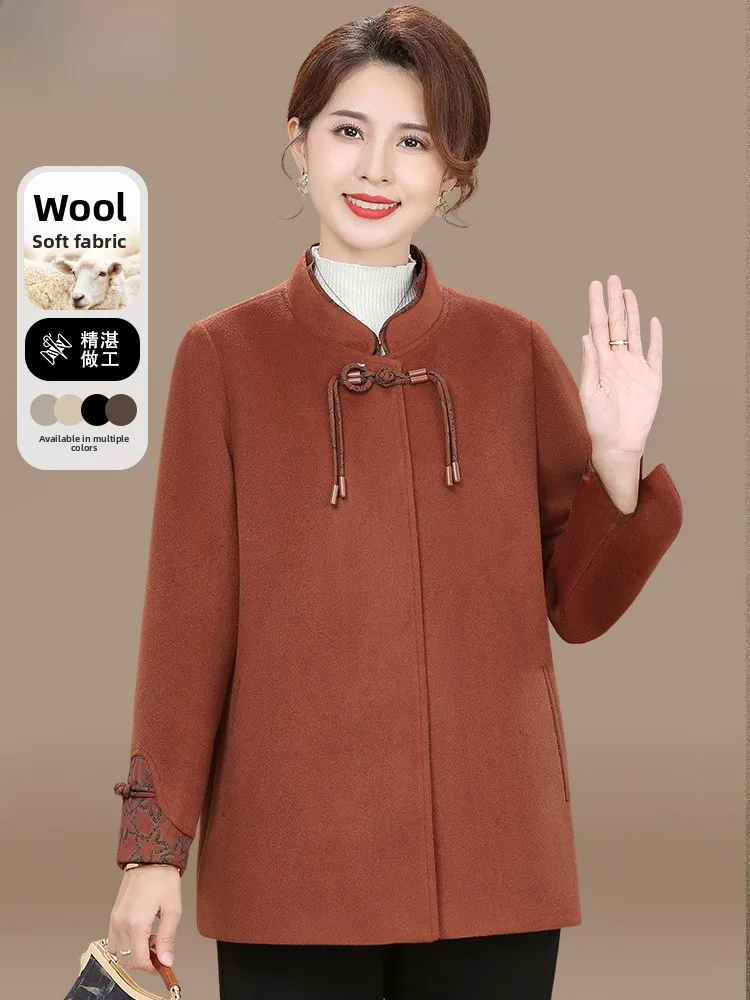 

New Chinese Sle Women's Woolen Coat Double-sided Tweed Autumn Winter Faion Outerwear for Middle-Aged And ly Ladies