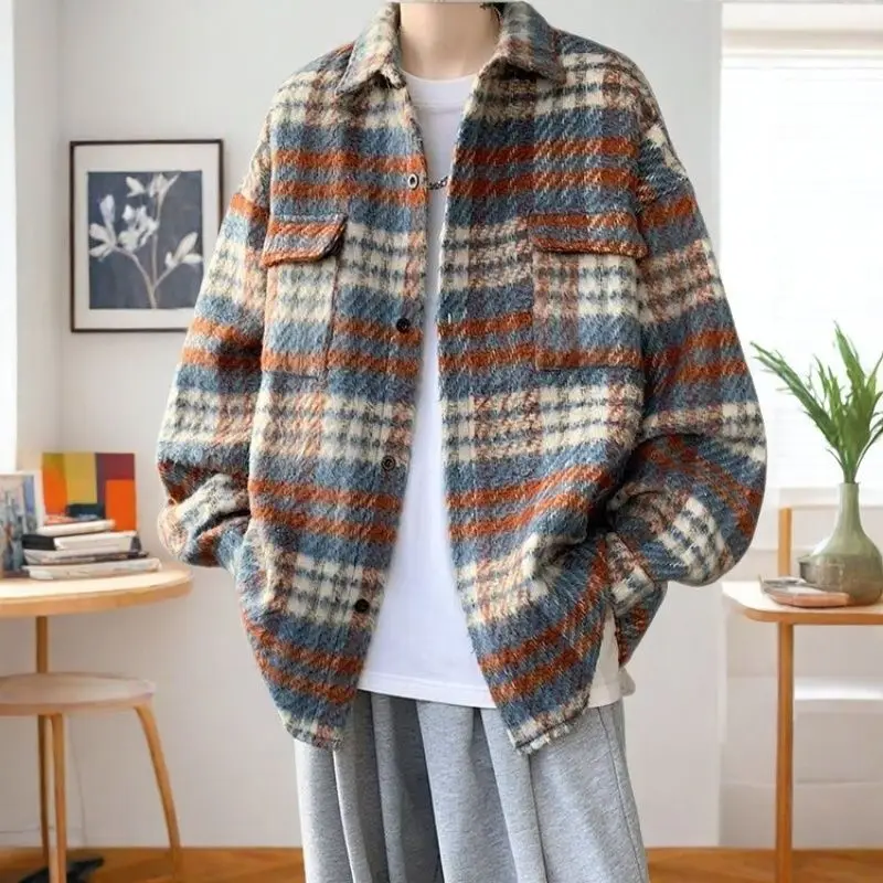

Men's Lazy Sle Korean Faion Versatile Loose Plaid Woolen Jaet Top Spring Autumn Salt System Outerwear Stand Fit