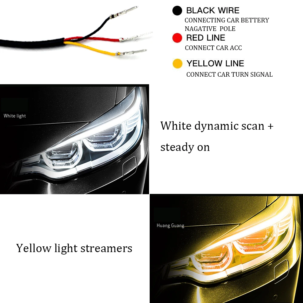 2Pcs New Highlight DRL LED Strip Turn Signal Light Sequential Yellow Bright Flexible Daytime Running Light 12V Car Headlight