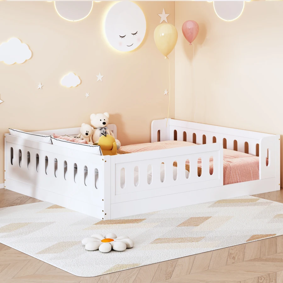 Wood Full Size White Bed With 25cm Heightened Guardrail, No Steel Frame Silent Platform Bed, Avoid Kids Falling While Turning Over
