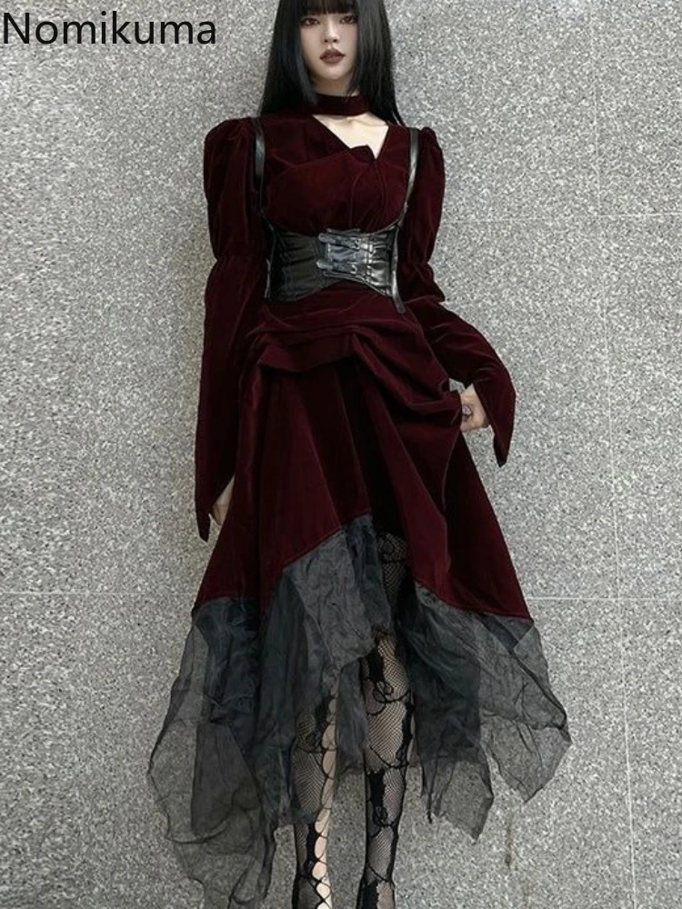 Vestidos Harajuku para Mujer 2025, Vestidos De Mujer De estilo gótico, moda japonesa, Túnica femenina, vestido Maxi De retazos De cintura alta