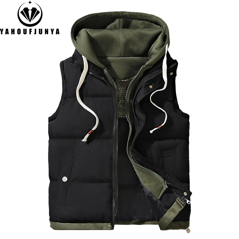 Hots-Chaleco grueso sin mangas con capucha para hombre, chaleco cálido a prueba de viento para exteriores, chaleco informal con cremallera, marca de