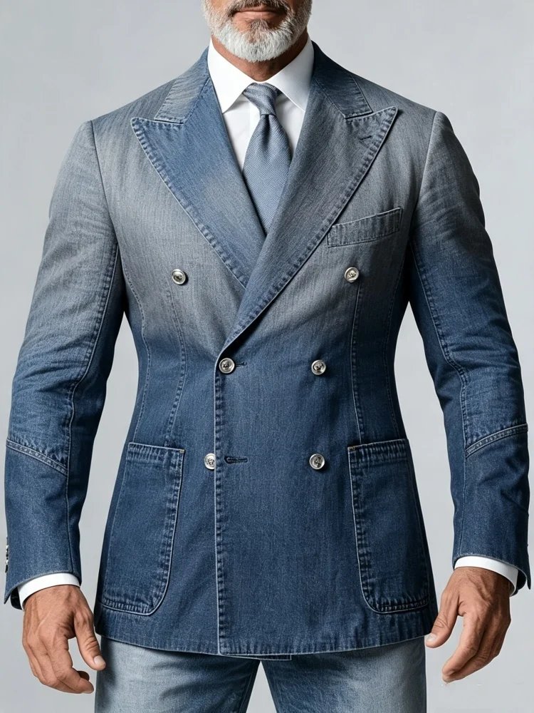 Mens Slim Fit Gradient Faux Denim Double Breasted Blazer Vintage Formal Business Casual Jacket
