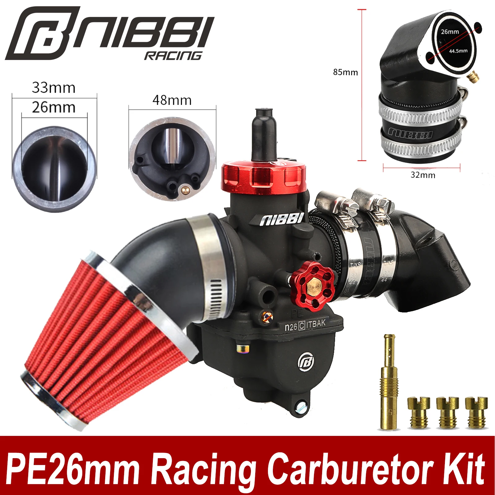 

NIBBI PE24/26mm Motorcycle Carburetor Kit 125CC-200CC GY6 Engine Intake Manifold 48mm Air Filter Fit Honda Yamaha Scooter ATV