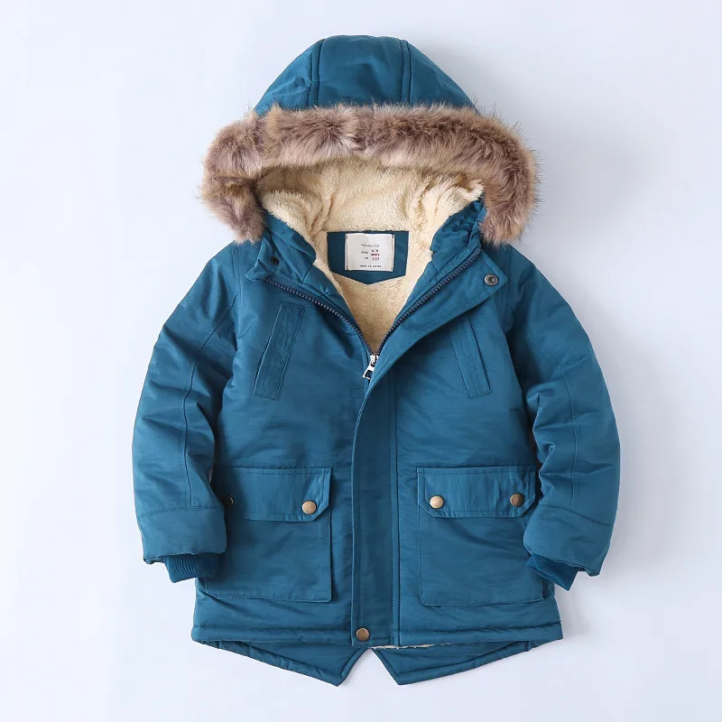 3-12 Years Winter Warm Boys Jacket Big Fur Collar Padded Linning With Velvet Thick Hooded Heavy Coat For Kids Children Outerwear