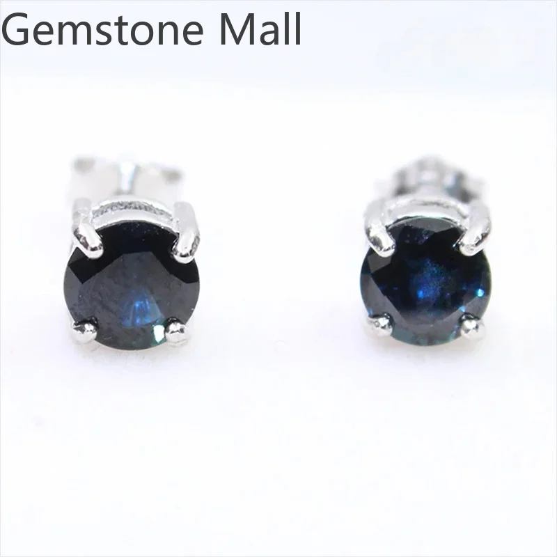Natural Dark Blue Sapphire Earrings with Certificate 5mm 1ct Genuine Sapphire Silver Earrings for Women Daily Wear Fine Jewelry