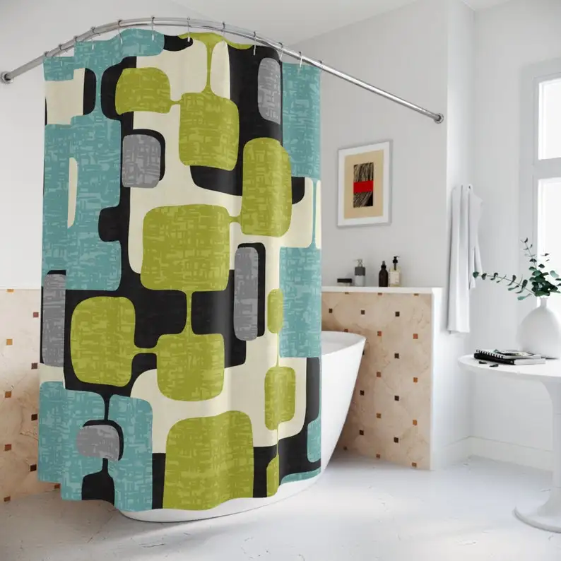 Mid Century Mod Geometric Shower Curtain, Teal & Lime Retro Bath Decor