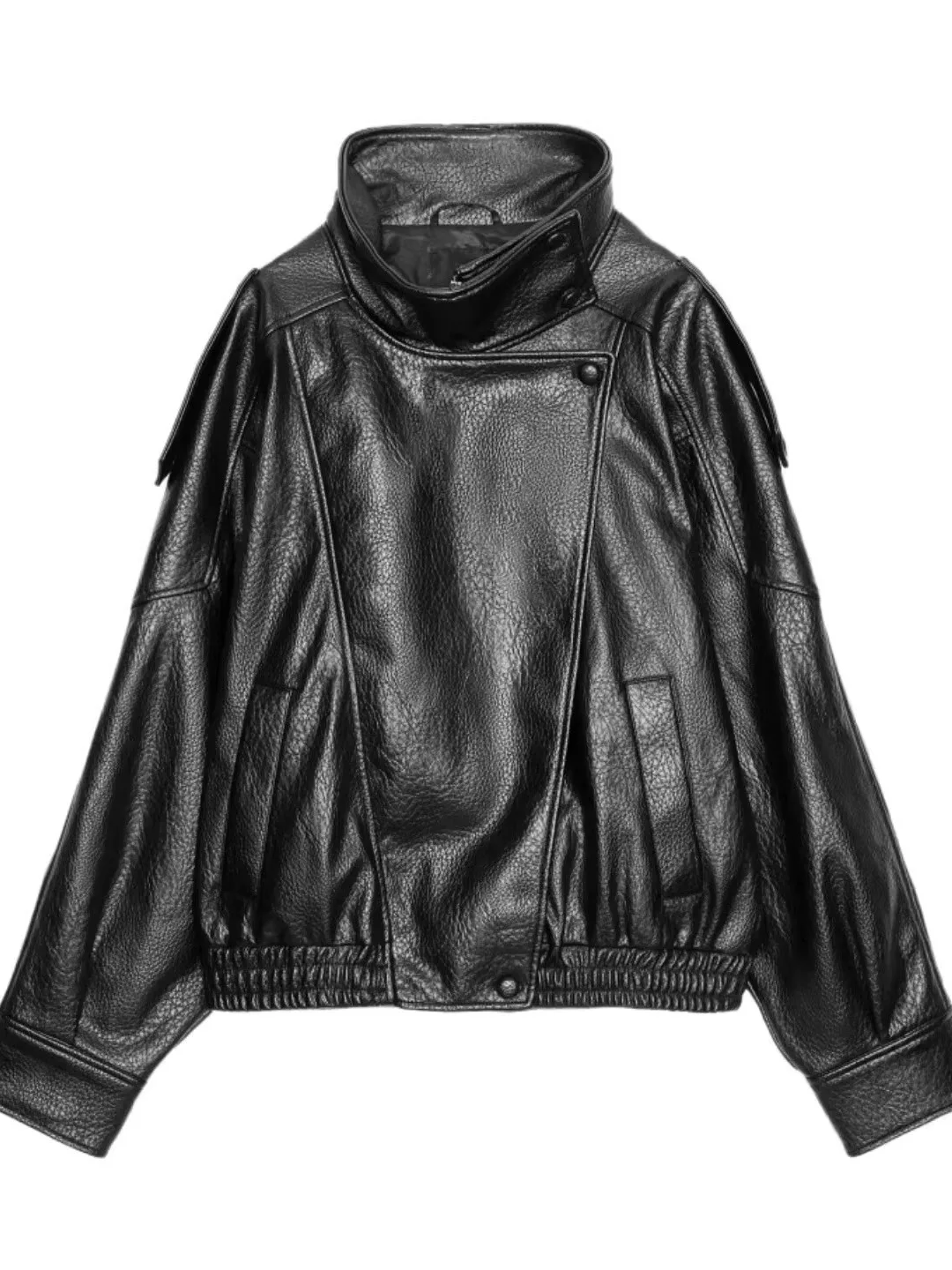 

Women's Jacket Fall New Black Long Sleeve Pebble Texture Faux Leather Jacket Motorcycle Style Personality Fashion
