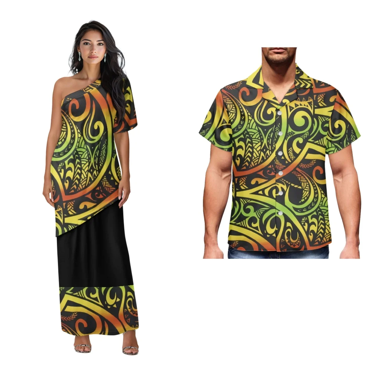 

Printed Polynesian Tribal Print One shoulder Samoan Puletasi Custom Top And Skirts Womens Two Piece Outfits Set Dress