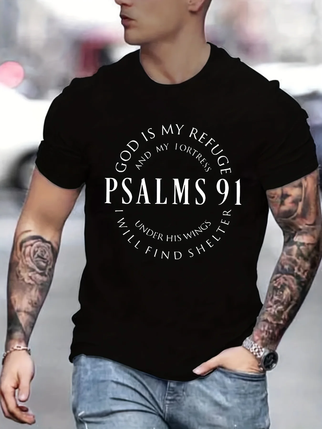 Men\'s 100% cotton summer loose fit Trendy Letter Psalms 91 Letter Ring Pattern print casual round neck short sleeved T-shirt