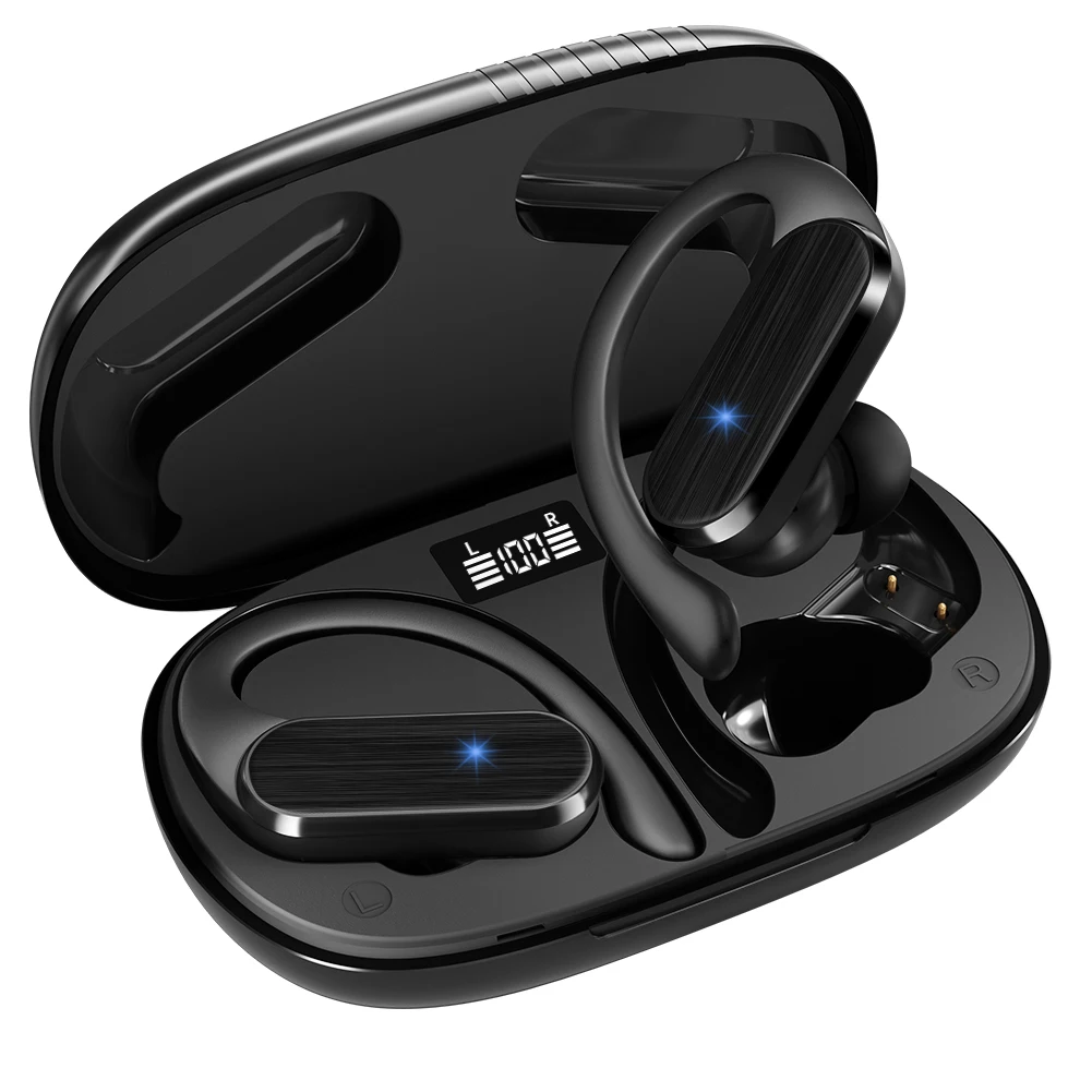 Cuffie Bluetooth Wireless con 48 Ore di Autonomia, Auricolari IPX7 Impermeabili con Display Digitale della Batteria e Gancio per l'Orecchio