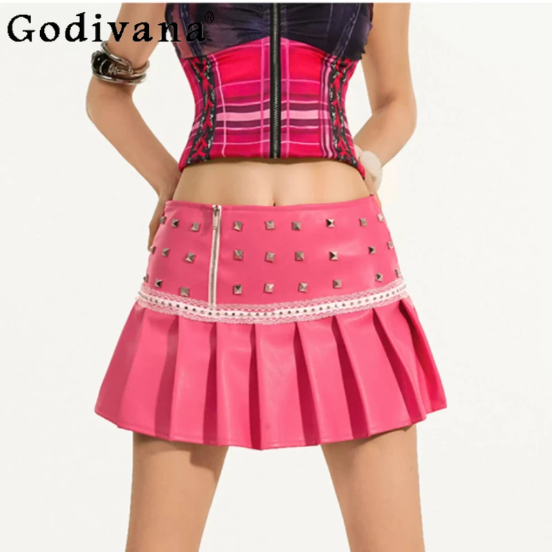 

Women 2026 New American Retro Fashion Heavy Industry Rivet Skirt Personality Low Waist Sexy Punk Street A-line Pink Short Skirts