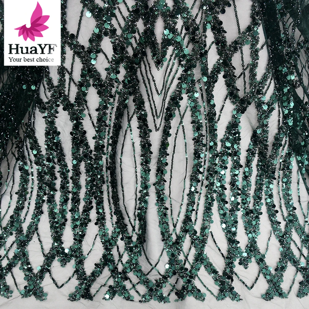 1 Yard Emerald Green BridalNigerian French Net Lace Fabric African High Quality Sequined Tulle Wedding Dress with Sequins HY2317