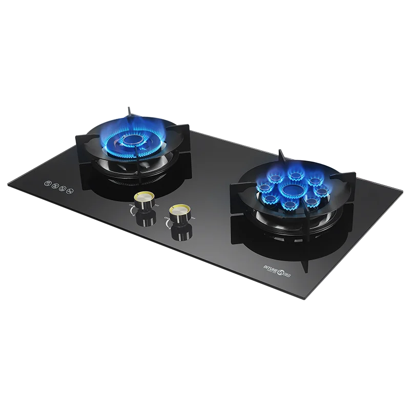 B932D موقد غاز بشعلة ثنائية - سطح زجاجي مدمج مع إشعال البطارية، نوع غاز البترول المسال لمطابخ المنزل والفنادق