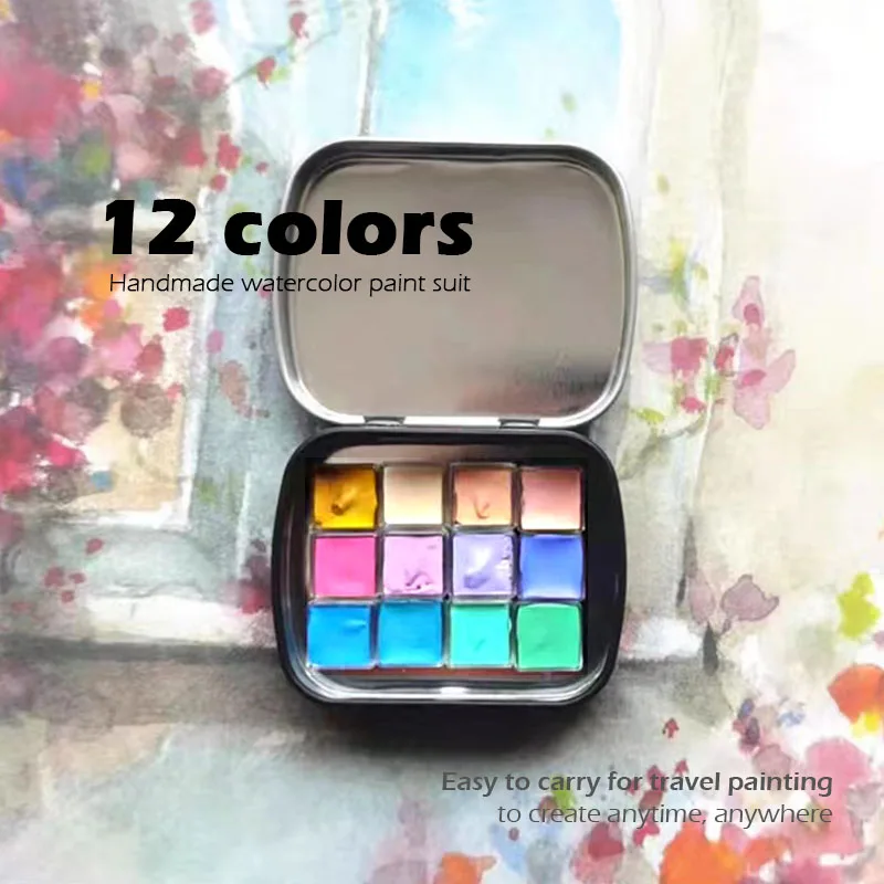 Mini 12 Colors Solid Watercolor Pigment Suit,Skin Color, Candy Color, Macaroni Color,Basic Color,0.3ml Iron Case