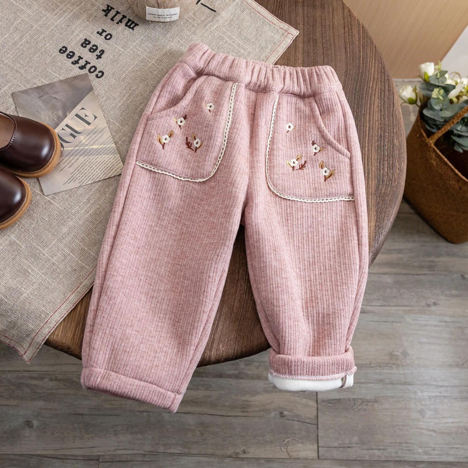 Baby Girls Winter Warm Pants Elastic Waist Floral Embroiedry Thick Fleece Cotton Trousers Kids Girl Casual Loose Outwear Pants