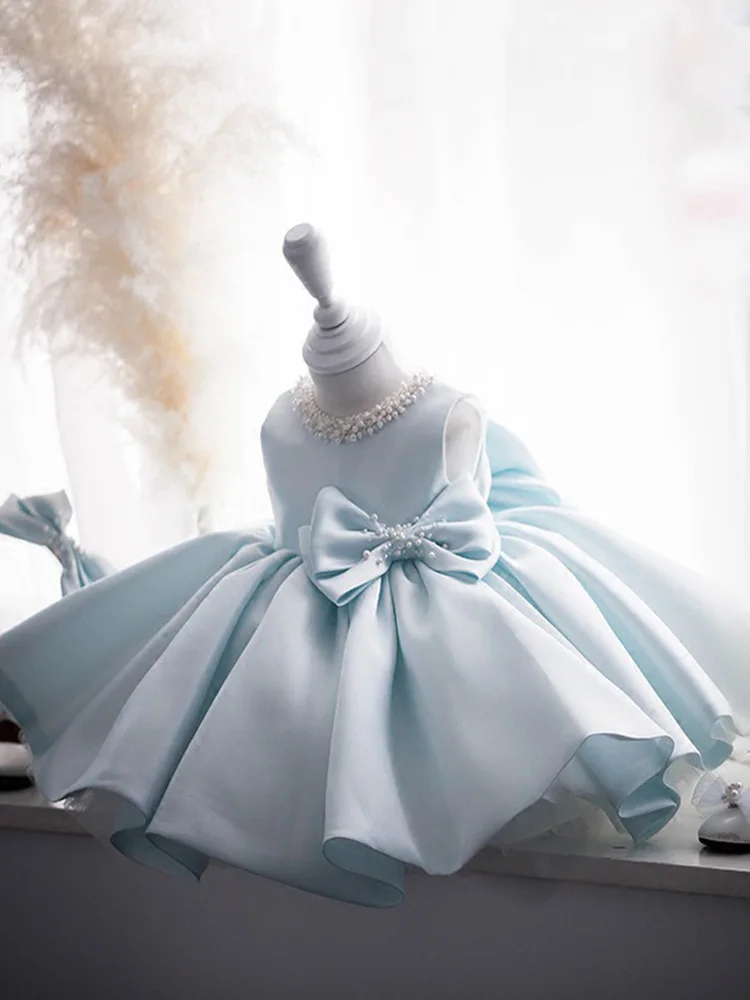 Rosa weiße Perlen Satin Puff Baby Blumen mädchen Kleid für Hochzeit blaue Minze Geburtstag zeremonielle Tutu Ballkleid für Kleinkind Kinder – Detail 12