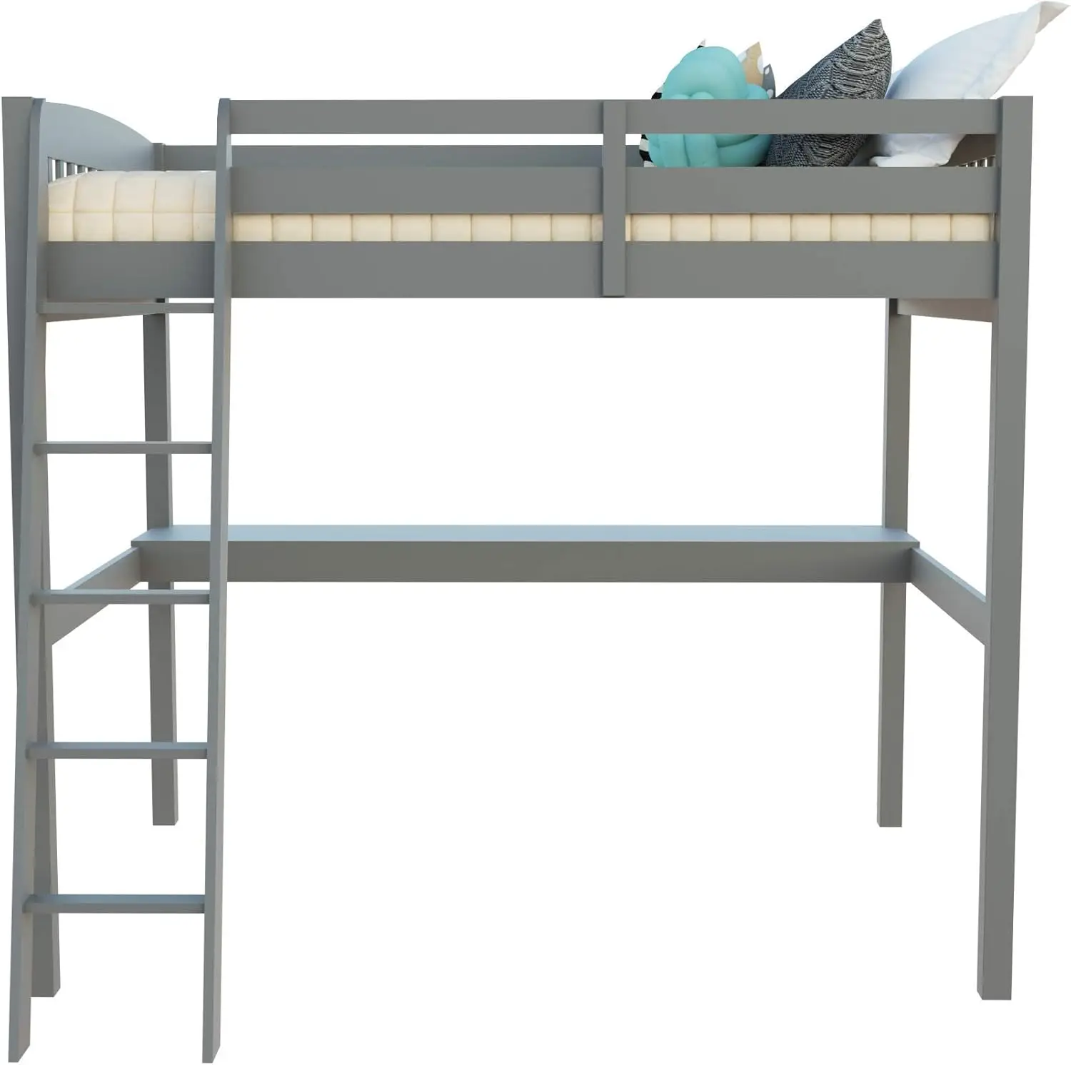 Everest Grey High Loft Bed with Desk and Storage, Heavy Duty Solid Wood Full Size Loft Bed Frame with Stairs for Kids and Toddle